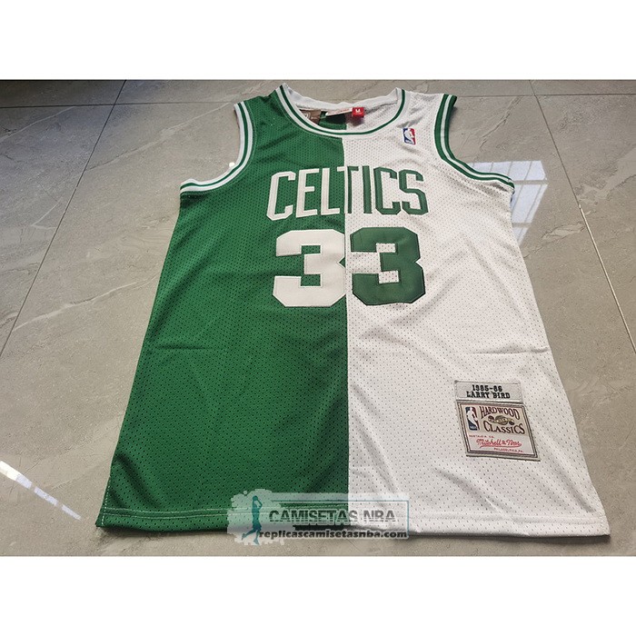 Camiseta Boston Celtics Larry Bird NO 33 Mitchell & Ness 1985-86 Split Blanco Verde